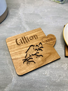 Love Birds Wooden Personalised Coasters (2 pieces)