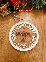 Load image into Gallery viewer, Personalised Wooden Family White Wreath Christmas Tree Decoration
