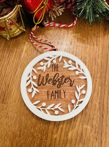 Personalised Wooden Family White Wreath Christmas Tree Decoration