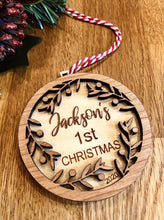 Load image into Gallery viewer, Personalised &#39;Baby&#39;s First Christmas&#39; Wreath Christmas Tree Decoration 2022
