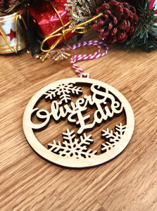 Personalised Two Names Outline Christmas Tree Decoration with Snowflake Detailing