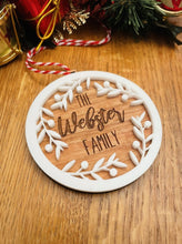 Load image into Gallery viewer, Personalised Wooden Family White Wreath Christmas Tree Decoration
