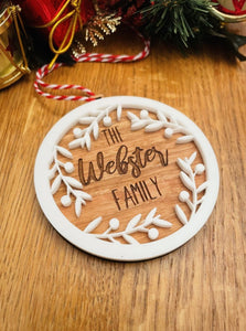 Personalised Wooden Family White Wreath Christmas Tree Decoration