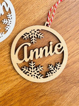 Load image into Gallery viewer, Personalised Name Outline Christmas Tree Decoration with Snowflake Detailing
